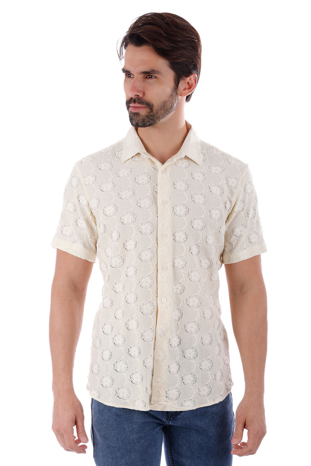 BARABAS Men's Wholesale Floral Rose Button Down Short Sleeve Shirts 4SST13 Cream