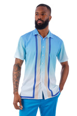 BARABAS Men's Wholesale Striped Dominican Button Down Short Sleeve Shirts 4sst29 Blue