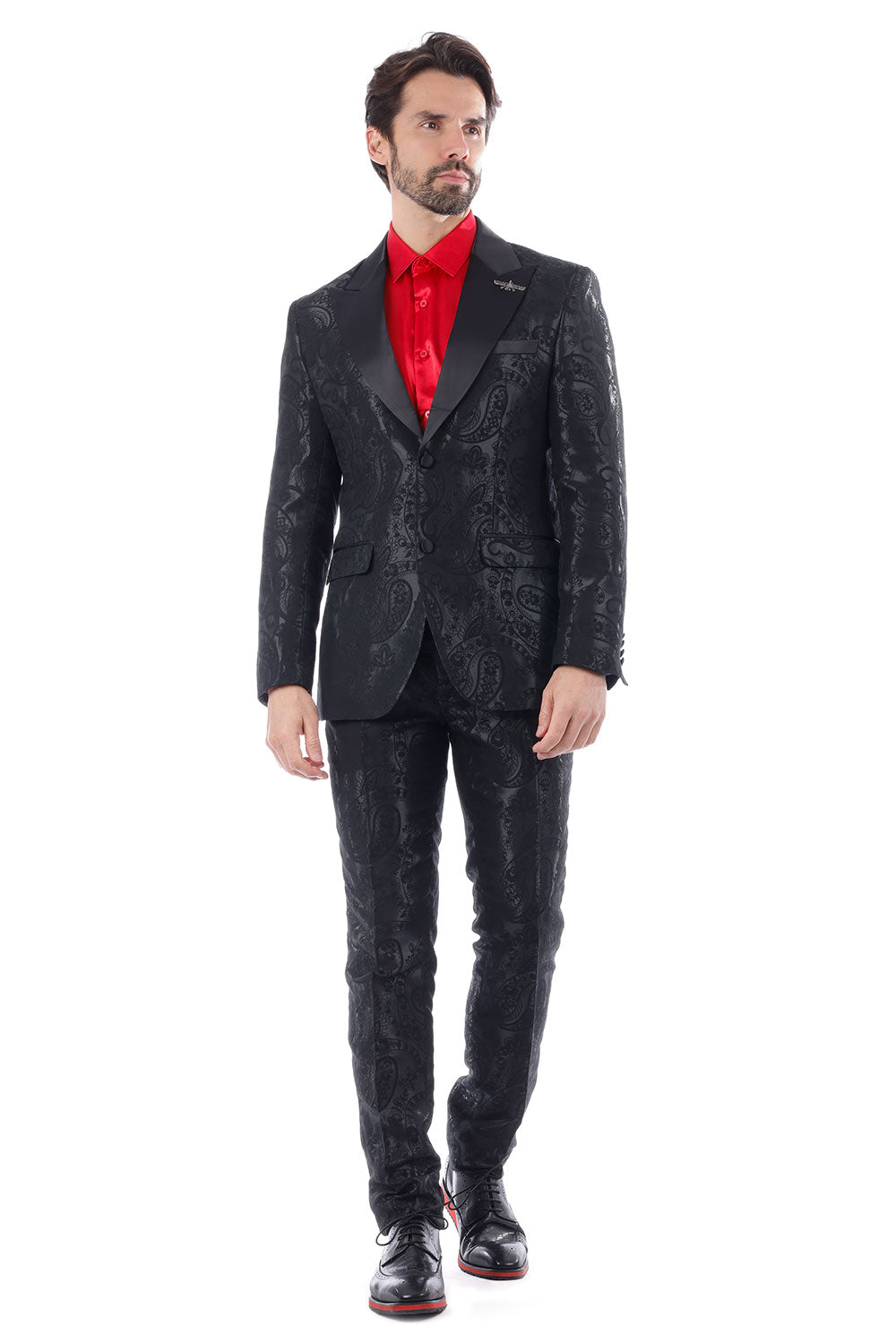 BARABAS Men's Paisley Pattern Peak Lapel Formal Suit 4SU08 Black