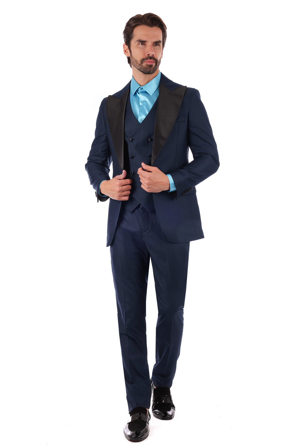 Barabas Men's Wholesale Solid Color Peak Satin Lapel Suit Set 4SU13 Navy