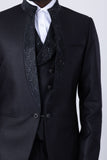 Barabas Men's Rhinestone Solid Color Stand Collar Vest Suit Set 4SU17 Black