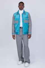 Barabas Wholesale Men's Geometric Pattern Full Zip Collared Suede Suit 4SU32 Light Blue