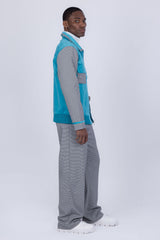 Barabas Wholesale Men's Geometric Pattern Full Zip Collared Suede Suit 4SU32 Grey Blue