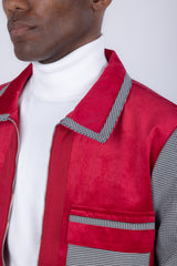 Barabas Wholesale Men's Geometric Pattern Full Zip Collared Suede Suit 4SU32 Red Grey