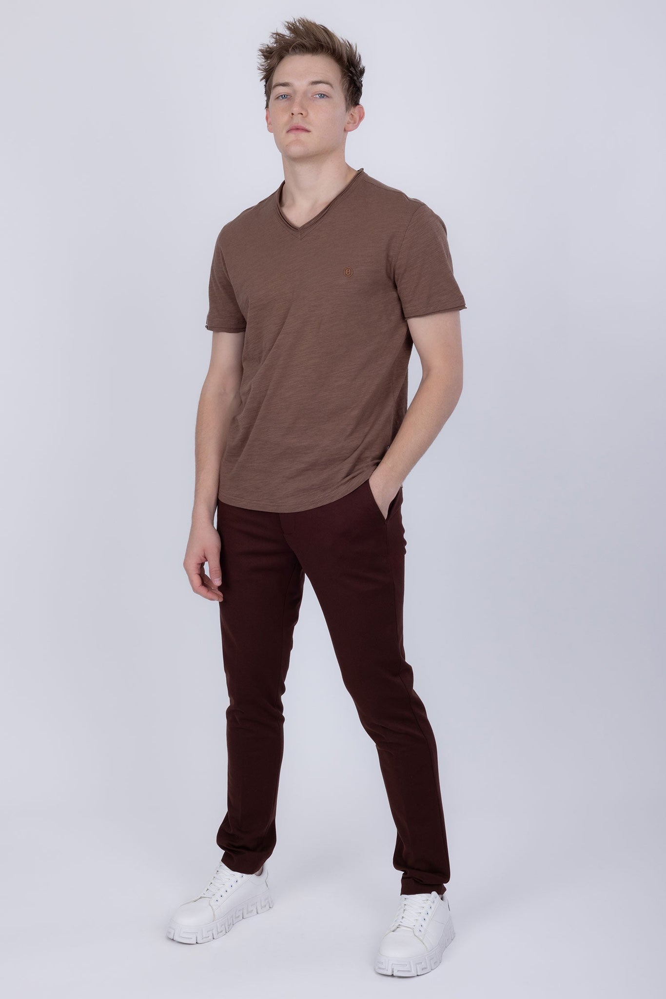 Barabas Wholesale Men's Basic Solid Color V-neck Raw End T-shirts 4TV10 Mocha