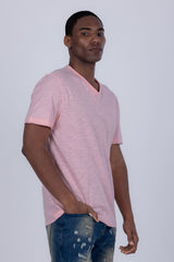 Barabas Men's Basic Solid Color V-neck Raw End T-shirts 4TV10 Pink