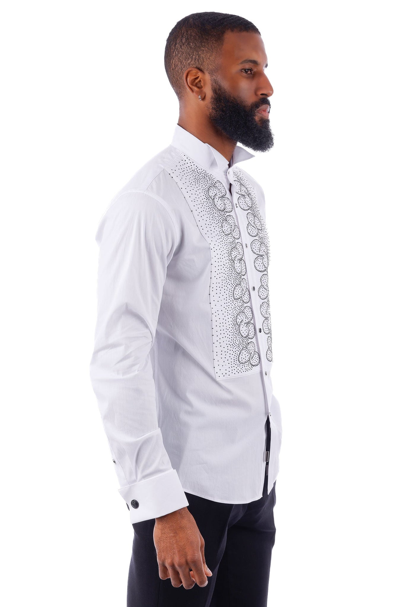 Barabas Men's Wholesale Symmetrical Rhinestone Long Sleeve Shirt 4TXR07 White