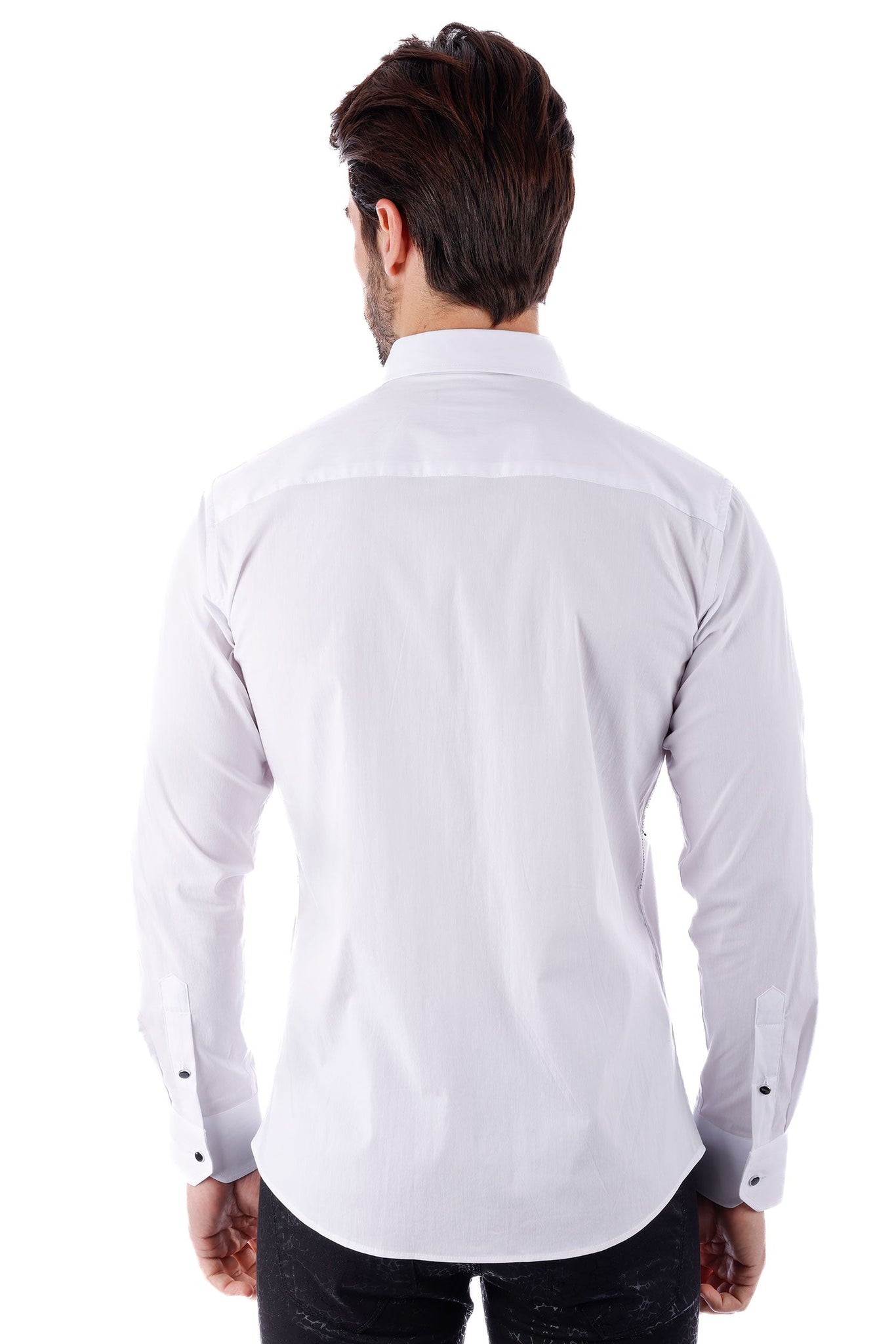 Barabas Men's Wholesale Linear Rhinestone Button Down Long Sleeve Shirt 4TXR08 White