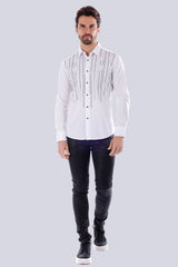 Barabas Men's Wholesale Linear Rhinestone Button Down Long Sleeve Shirt 4TXR08 White