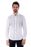 Barabas Men's Wholesale Linear Rhinestone Button Down Long Sleeve Shirt 4TXR08 White