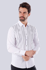 Barabas Men's Wholesale Linear Rhinestone Button Down Long Sleeve Shirt 4TXR08 White