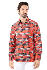 Vassari Men's Leaf Geometric Design Button Down Luxury Shirt 4VS36 Red