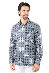 Vassari Men's Greey Key Print Design Button Down Luxury Shirt 4VS37 Navy White