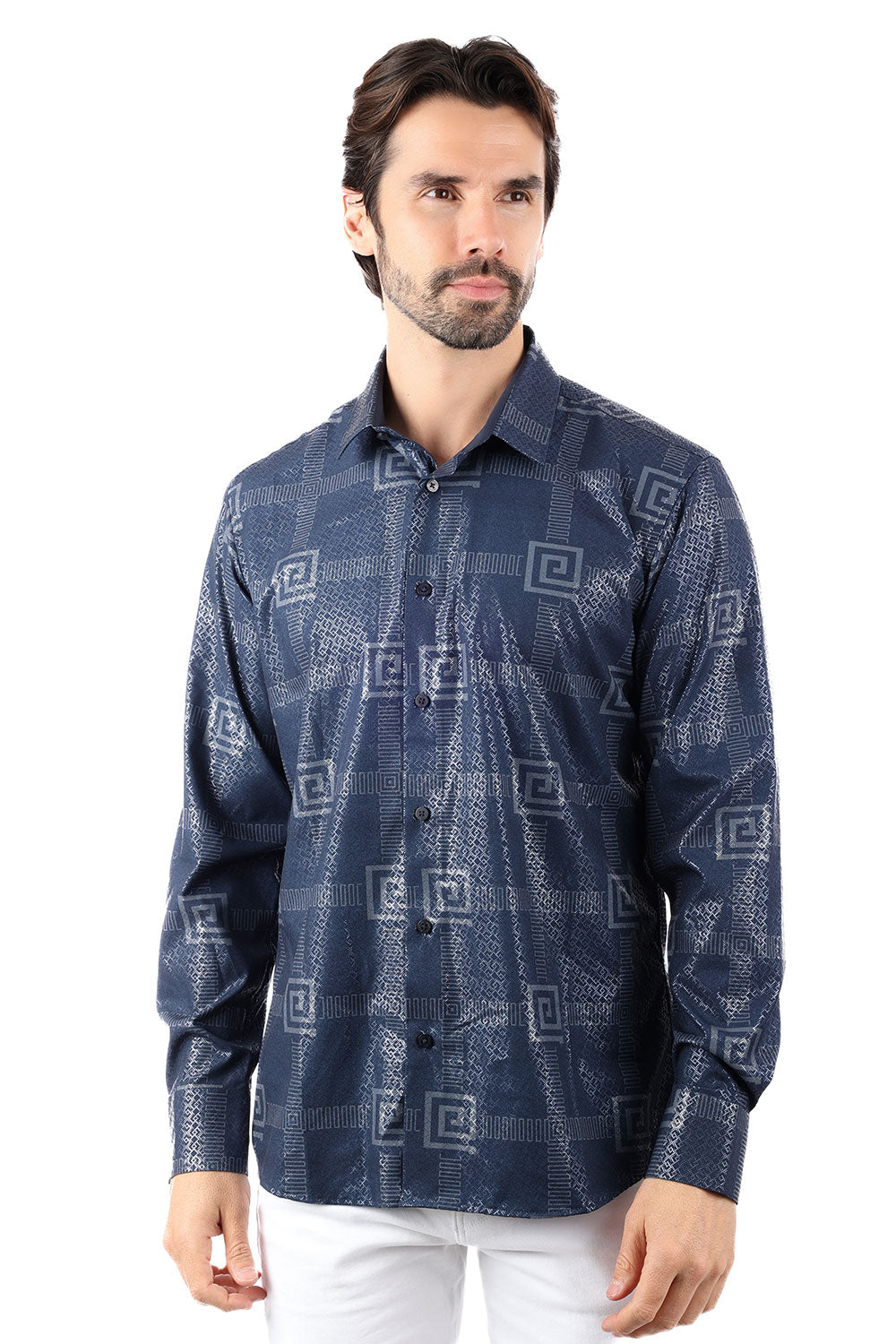 Vassari Men's Geometric Print Design Button Down Luxury Shirt 4VS38 Navy