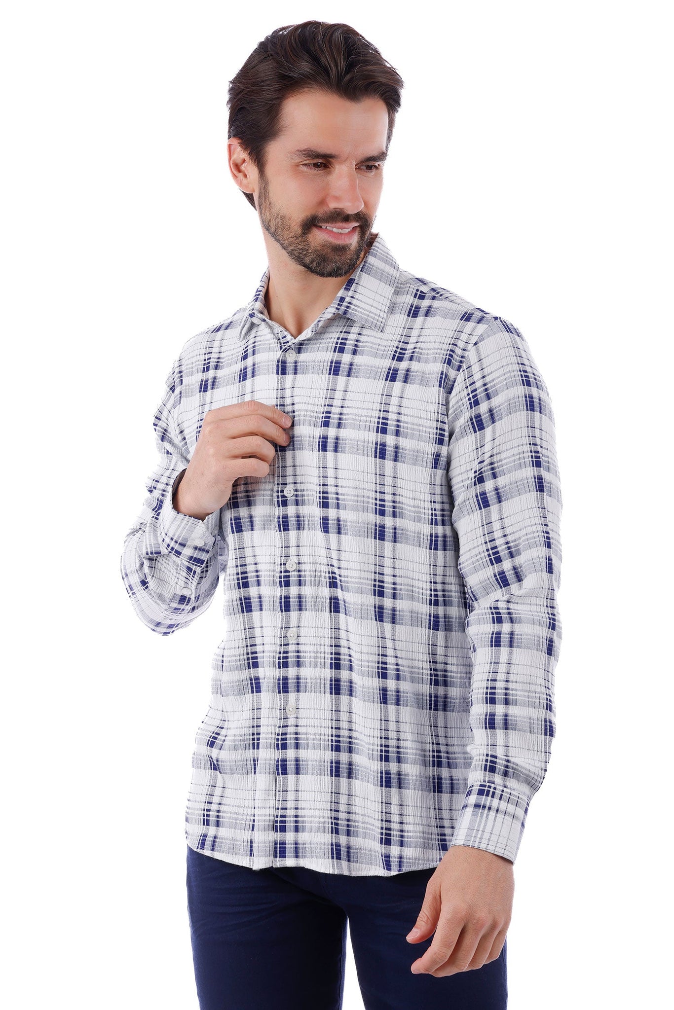 Barabas Wholesale Men's Plaid Checkered Button Down Long Sleeve Shirts 4B49 White Navy