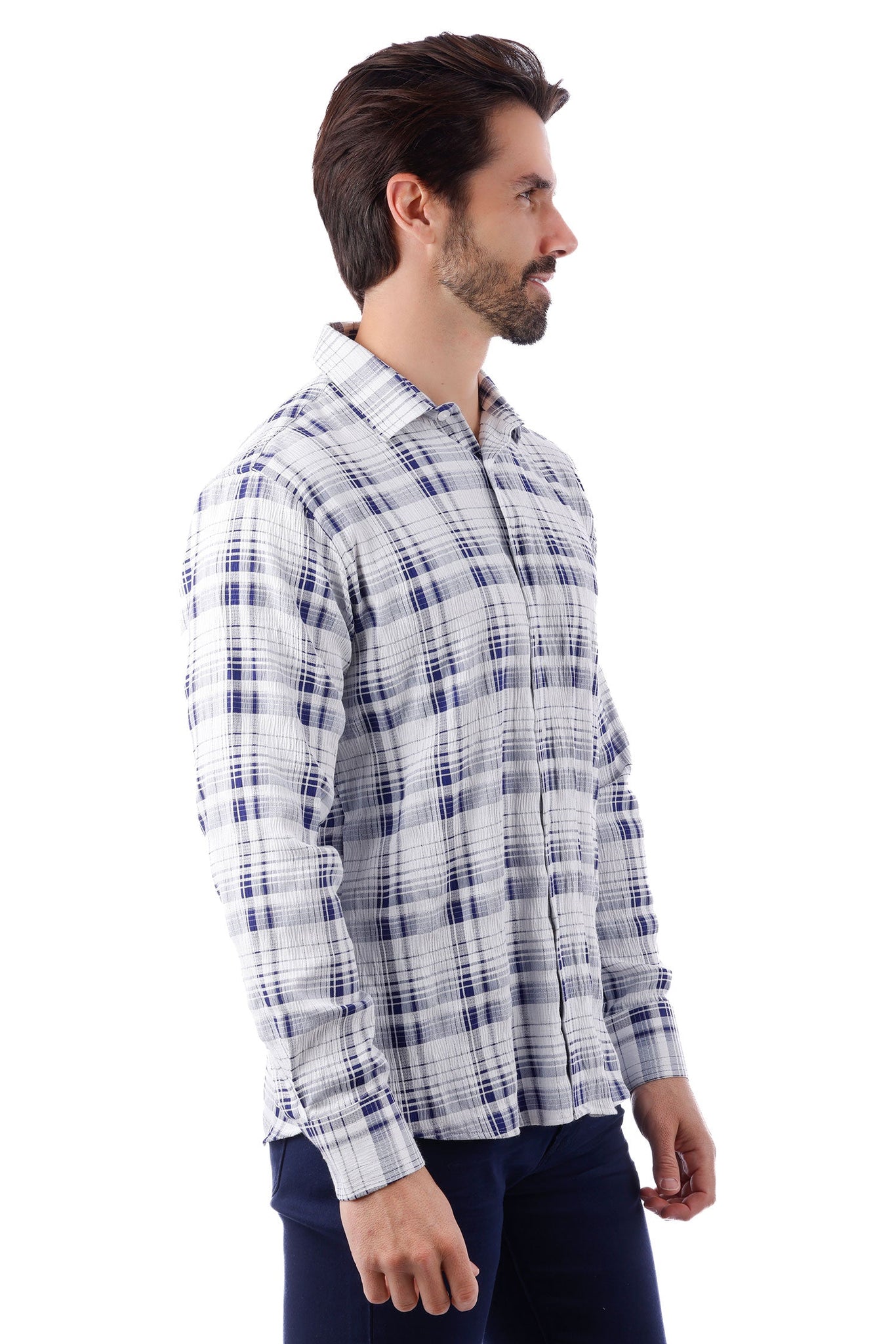 Barabas Wholesale Men's Plaid Checkered Button Down Long Sleeve Shirts 4B49 White Navy