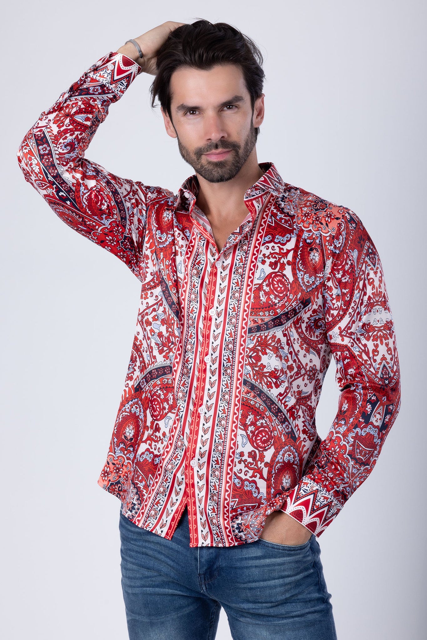 Barabas Wholesale Men's Floral Paisley Pattern Design Long Sleeve Shirts 4B54 Cream Red