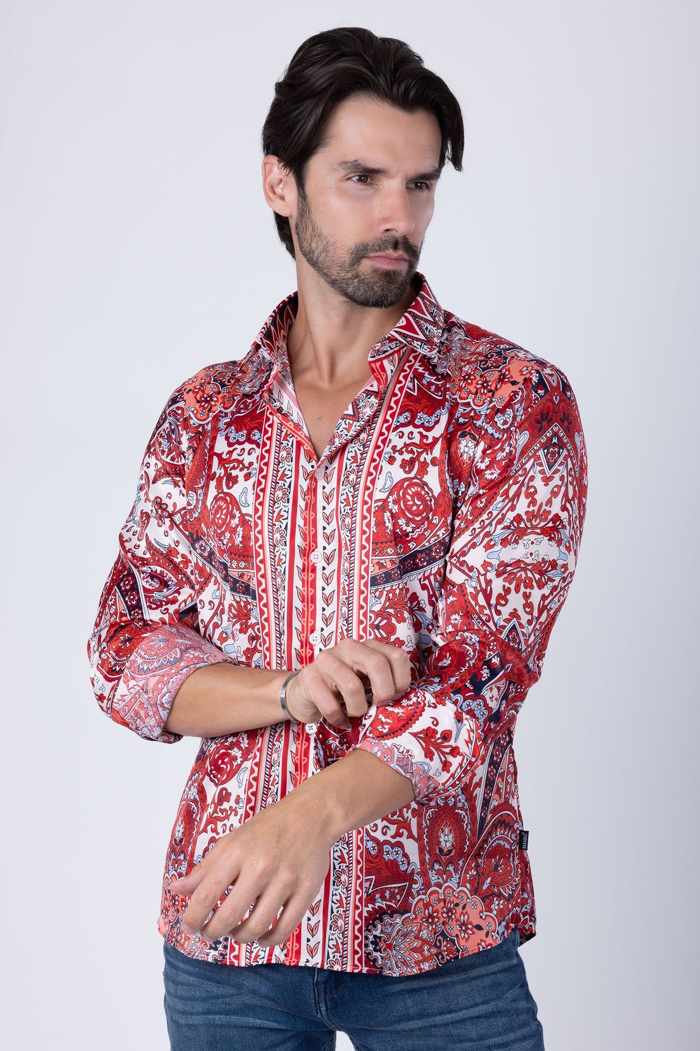 Barabas Wholesale Men's Floral Paisley Pattern Design Long Sleeve Shirts 4B54 Cream Red