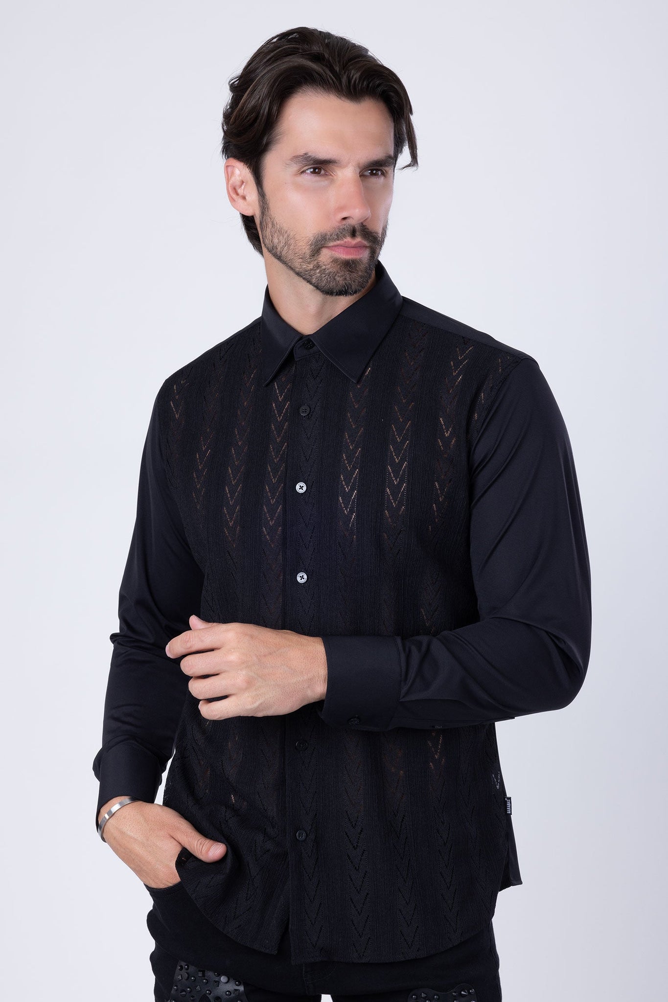 Barabas Wholesale Men's Geometric Stretch See-through Long Sleeve Shirts 4B60 Black