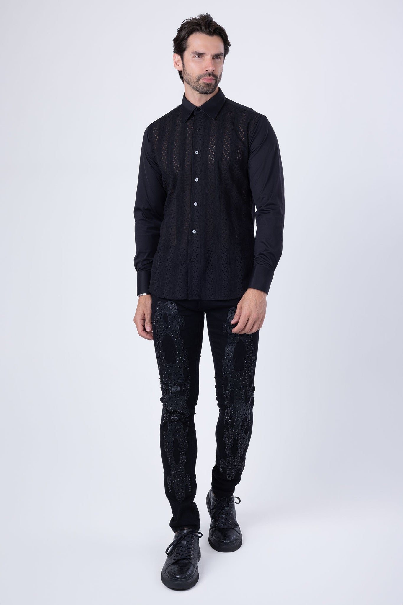 Barabas Wholesale Men's Geometric Stretch See-through Long Sleeve Shirts 4B60 Black