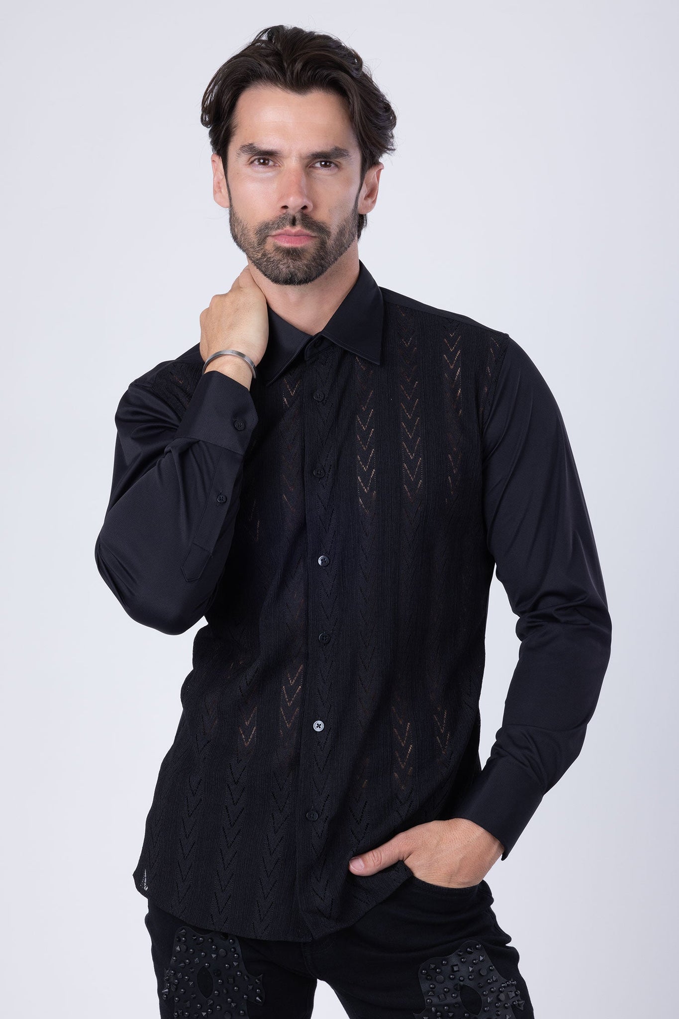 Barabas Wholesale Men's Geometric Stretch See-through Long Sleeve Shirts 4B60 Black