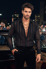 Barabas Wholesale Men's Geometric Stretch See-through Long Sleeve Shirts 4B60 Black