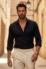 Barabas Wholesale Men's Strechy Solid Color Button Down Long Sleeve Shirts 4B76 Black