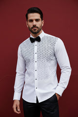 Barabas Wholesale Men's Particle Rhinestone Tuxedo Long Sleeve Shirt 4TXR09 White