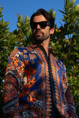 Barabas Wholesale Men's Rhinestone Floral Print Baroque Long Sleeve Shirts 3SPR413 Navy