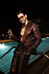 Barabas Wholesale Men's Shiny Geometric Shawl Lapel Suit Baggy pants 4SU31 Brown