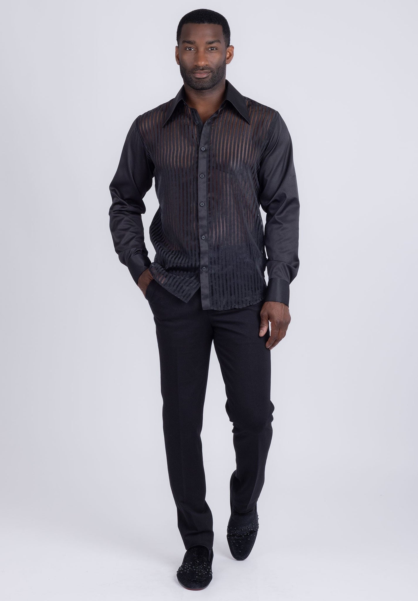 Barabas Wholesale Men's See Through Geometric Shiny Long Sleeve Shirts 5B01 Black