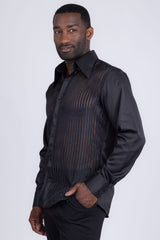 Barabas Wholesale Men's See Through Geometric Shiny Long Sleeve Shirts 5B01 Black