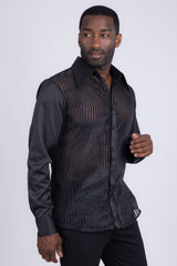 Barabas Wholesale Men's See Through Geometric Shiny Long Sleeve Shirts 5B01 Black