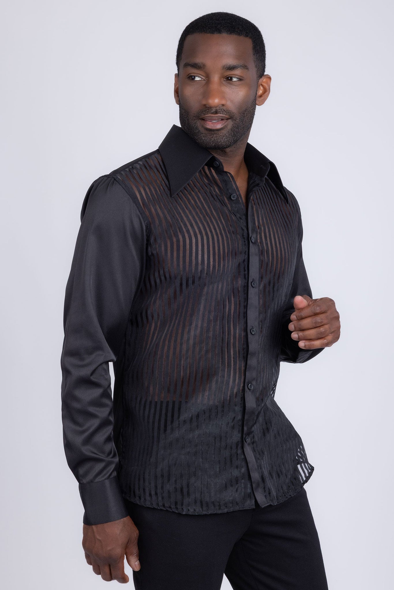 Barabas Wholesale Men's See Through Geometric Shiny Long Sleeve Shirts 5B01 Black