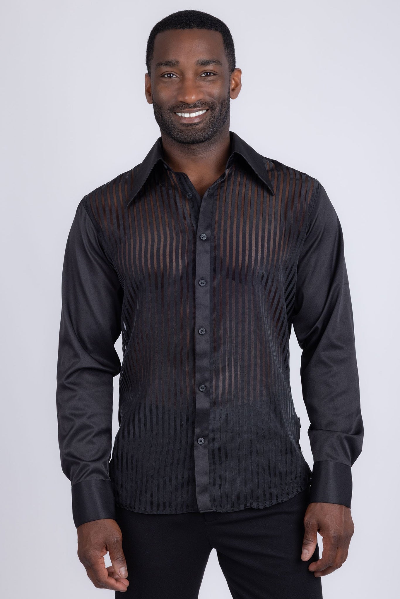 Barabas Wholesale Men's See Through Geometric Shiny Long Sleeve Shirts 5B01 Black