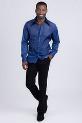 Barabas Wholesale Men's See Through Geometric Shiny Long Sleeve Shirts 5B01 Blue
