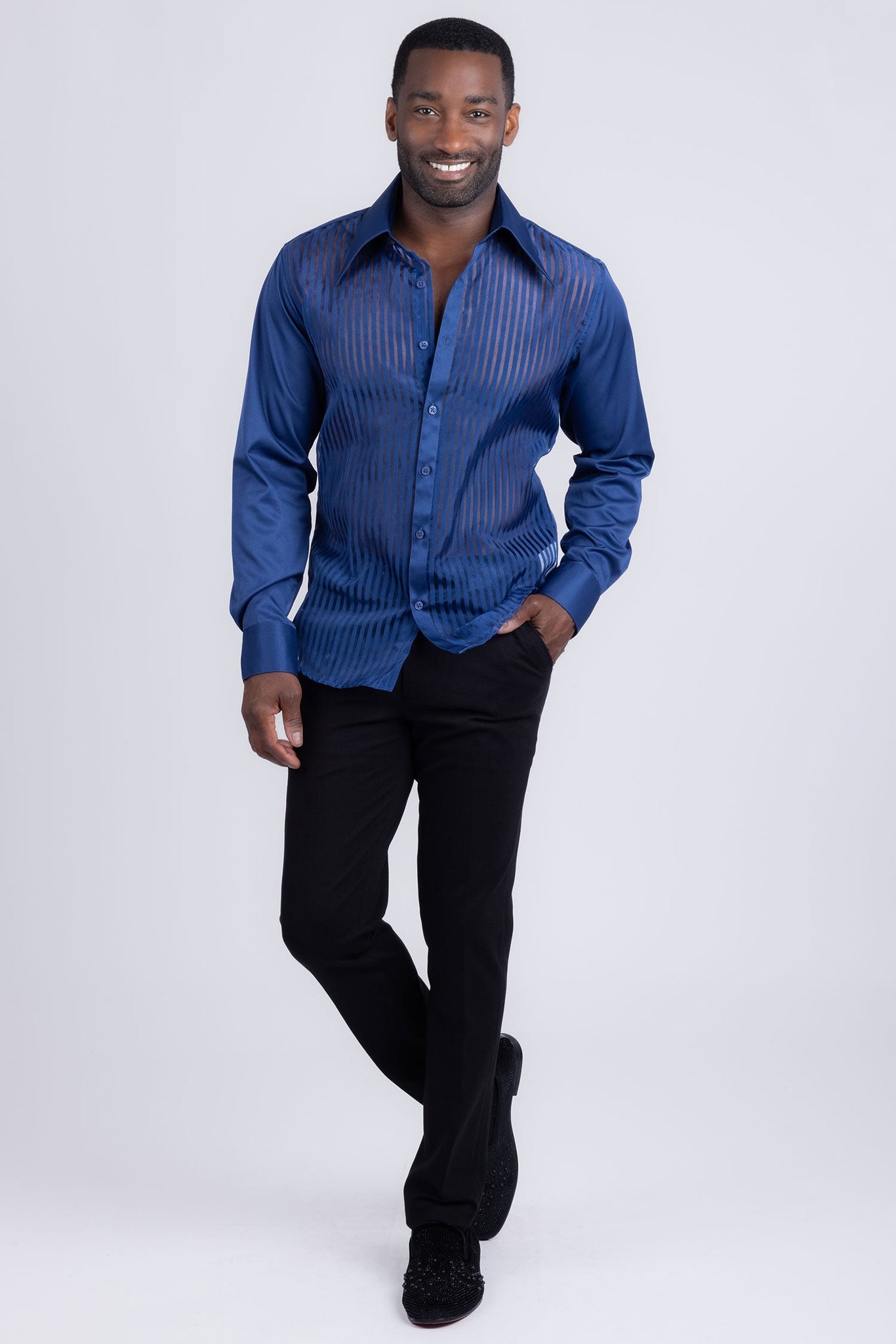 Barabas Wholesale Men's See Through Geometric Shiny Long Sleeve Shirts 5B01 Blue