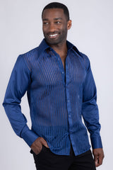 Barabas Wholesale Men's See Through Geometric Shiny Long Sleeve Shirts 5B01 Blue