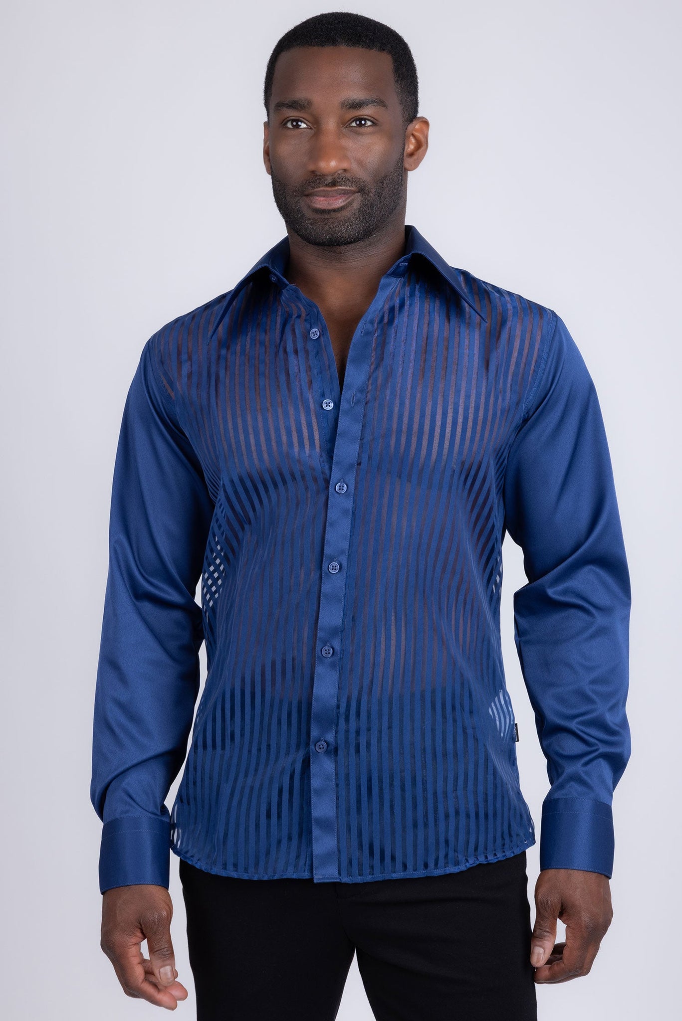 Barabas Wholesale Men's See Through Geometric Shiny Long Sleeve Shirts 5B01 Navy