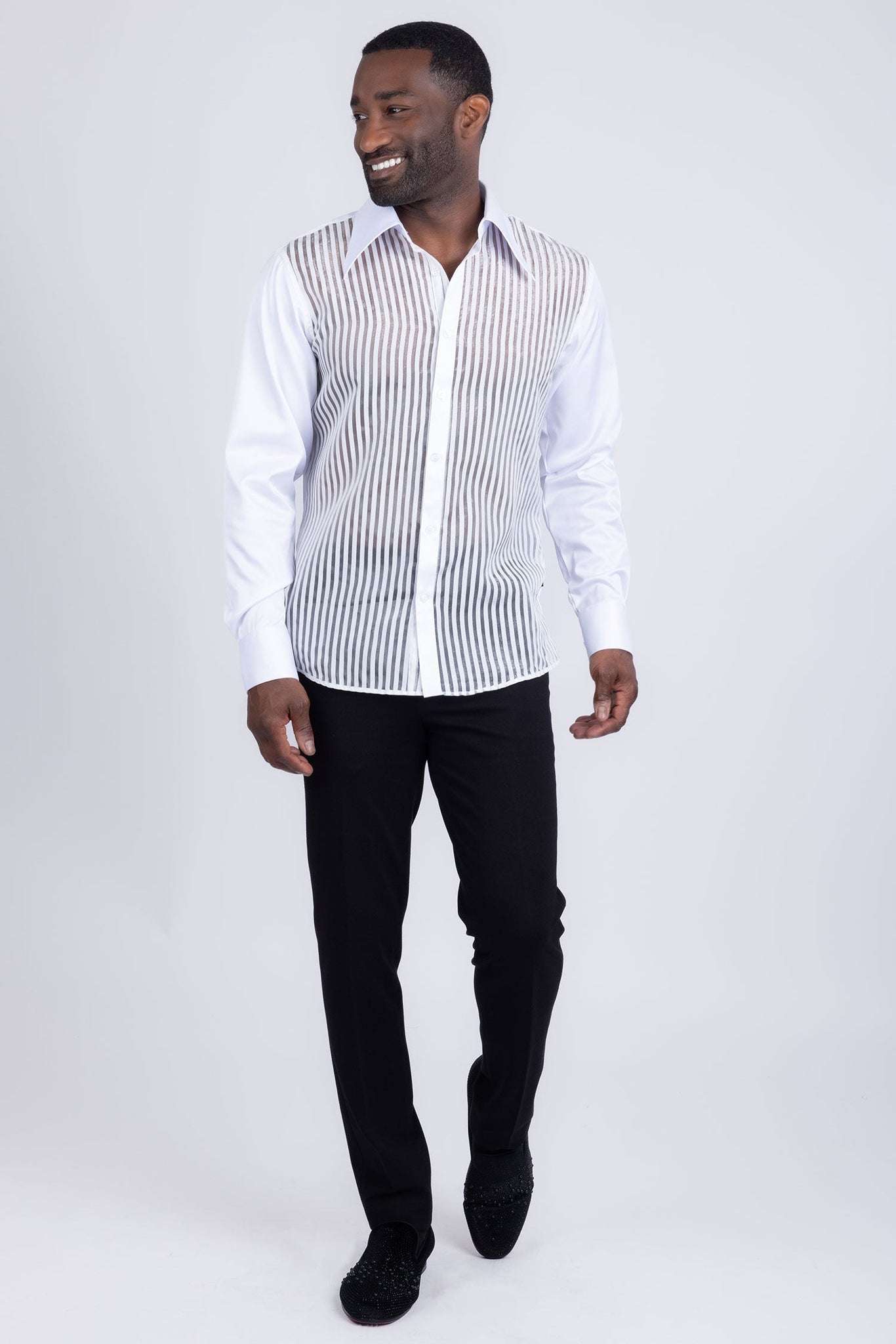 Barabas Wholesale Men's See Through Geometric Shiny Long Sleeve Shirts 5B01 White