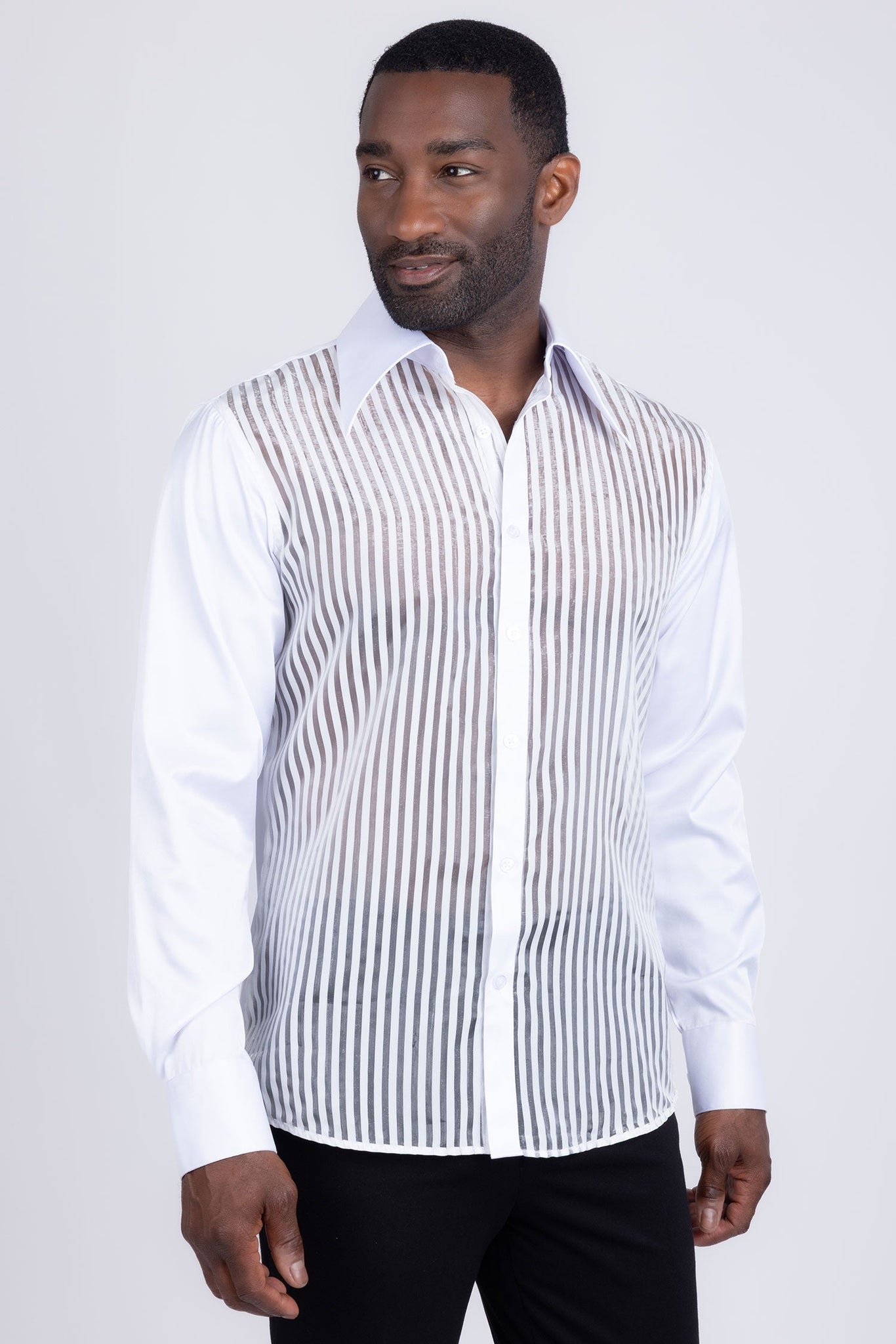 Barabas Wholesale Men's See Through Geometric Shiny Long Sleeve Shirts 5B01 White