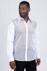Barabas Wholesale Men's See Through Geometric Shiny Long Sleeve Shirts 5B01 White