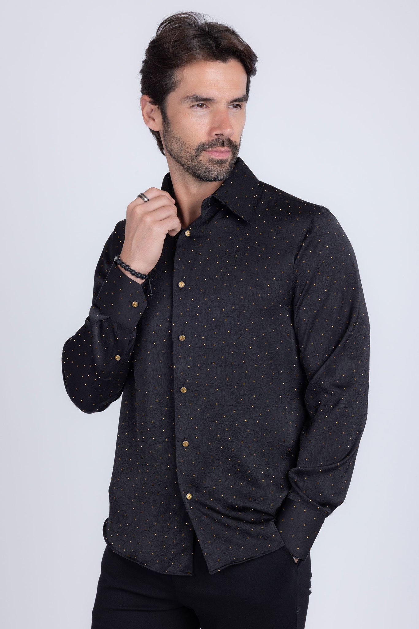 Barabas Wholesale Men's Rhinestones Textured Long Sleeve Shirts 5B12 Black Gold