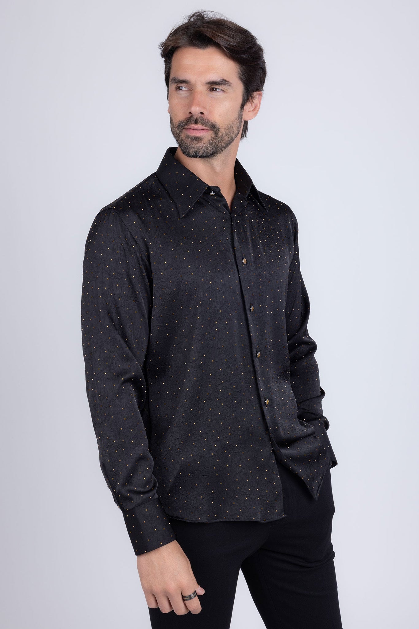 Barabas Wholesale Men's Rhinestones Textured Long Sleeve Shirts 5B12 Black Gold