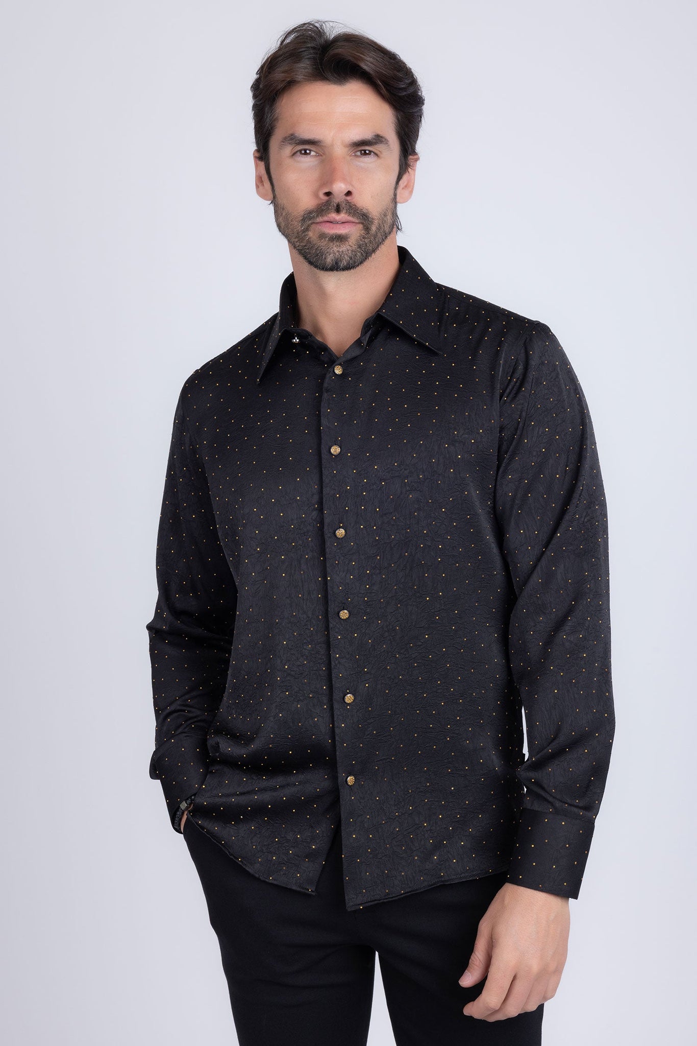 Barabas Wholesale Men's Rhinestones Textured Long Sleeve Shirts 5B12 Black Gold