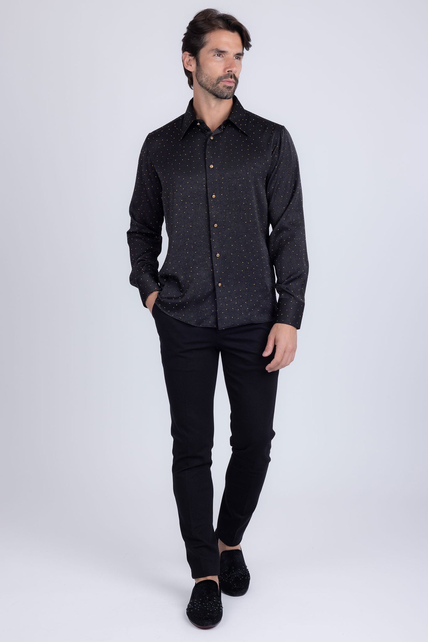 Barabas Wholesale Men's Rhinestones Textured Long Sleeve Shirts 5B12 Black Gold