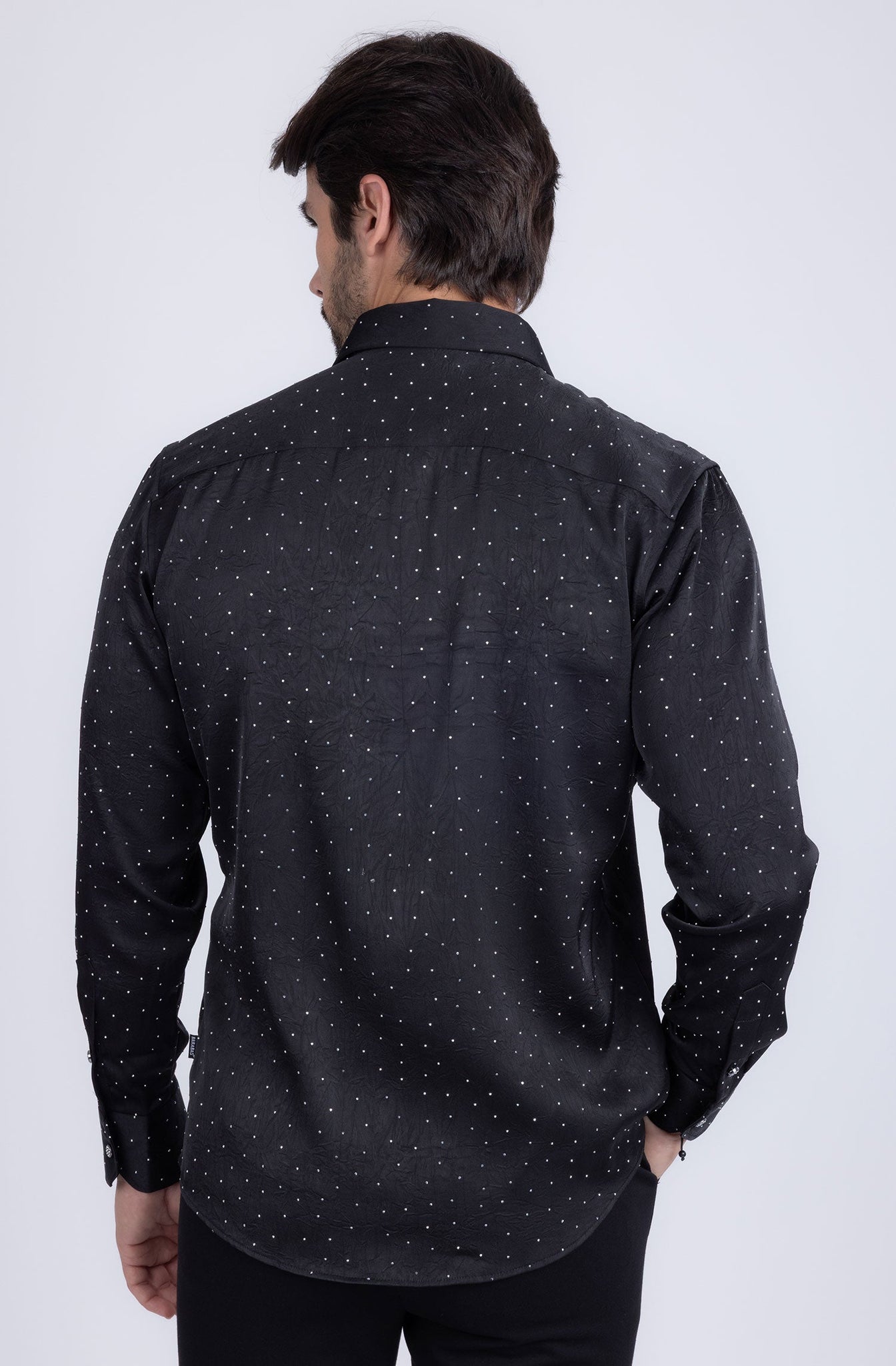 Barabas Wholesale Men's Rhinestones Textured Long Sleeve Shirts 5B12 Black Silver