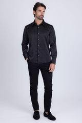 Barabas Wholesale Men's Rhinestones Textured Long Sleeve Shirts 5B12 Black Silver