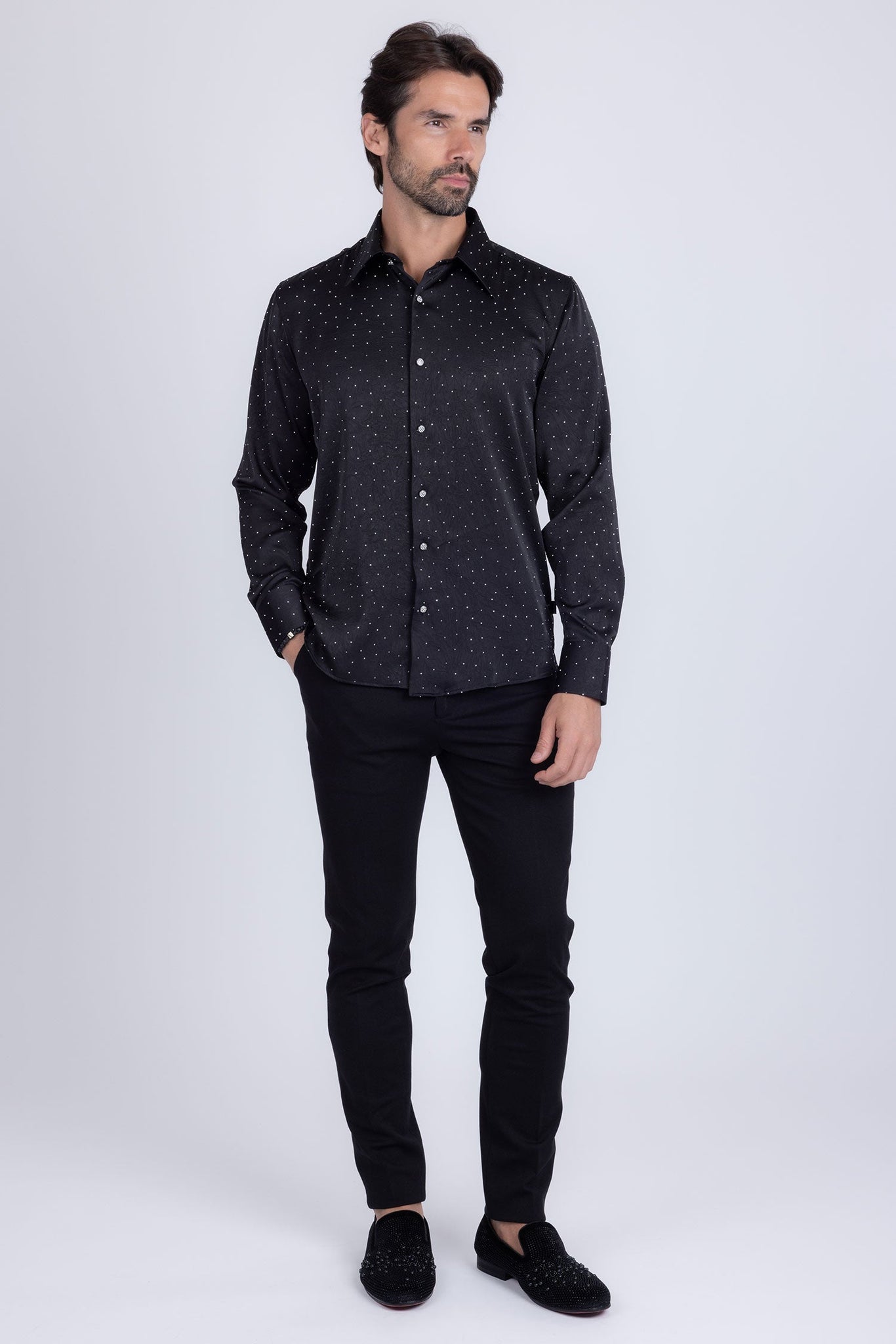 Barabas Wholesale Men's Rhinestones Textured Long Sleeve Shirts 5B12 Black Silver