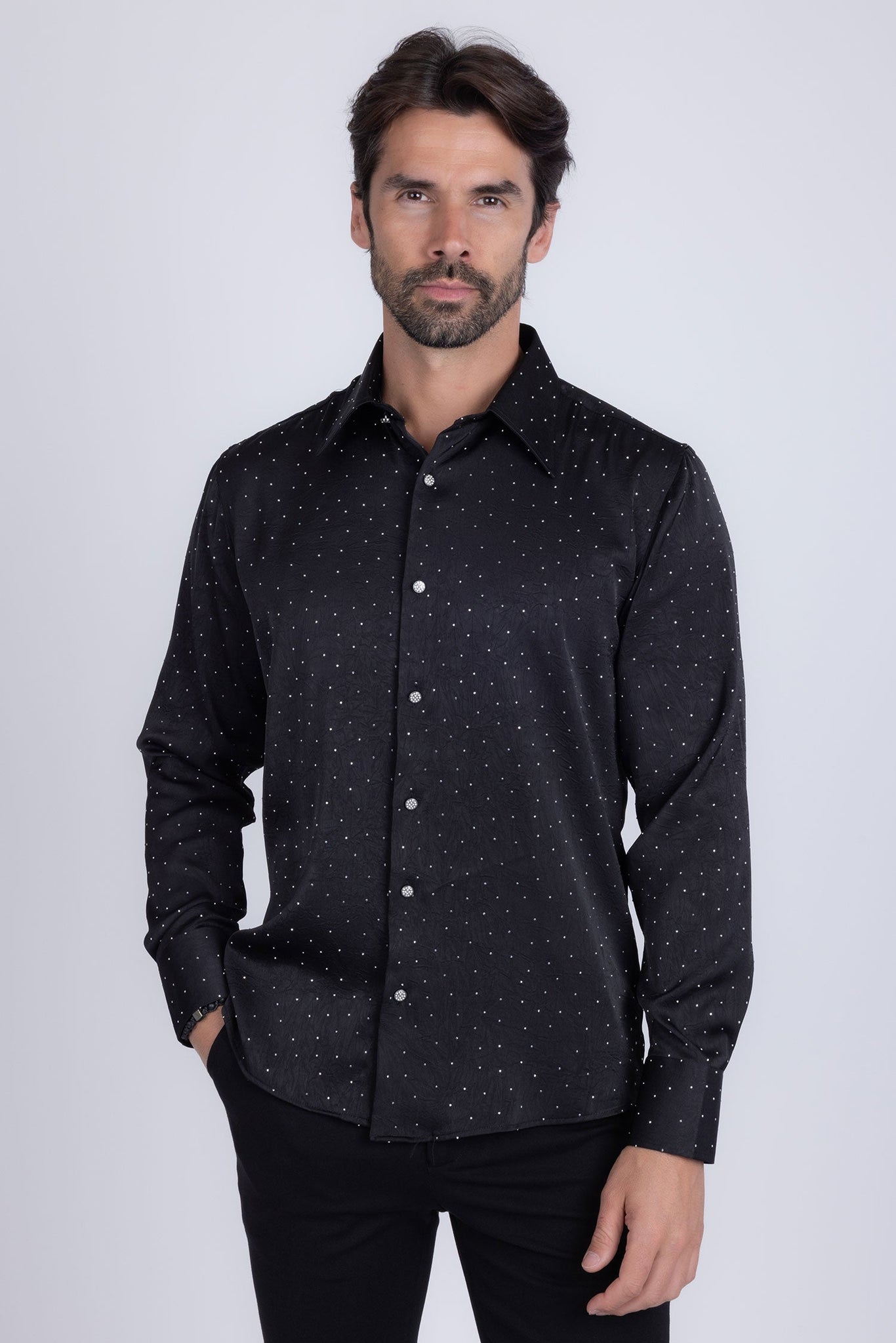Barabas Wholesale Men's Rhinestones Textured Long Sleeve Shirts 5B12 Black Silver